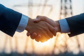 Business Handshake with Power Lines in Background Symbolizing Energy Partnership