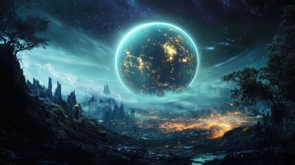 glowing planet, dark stage