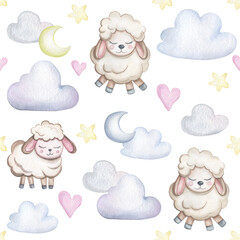 seamless pattern with sheep and clouds on a white background. Watercolor pattern for children's textiles, packaging, diapers, bed linen