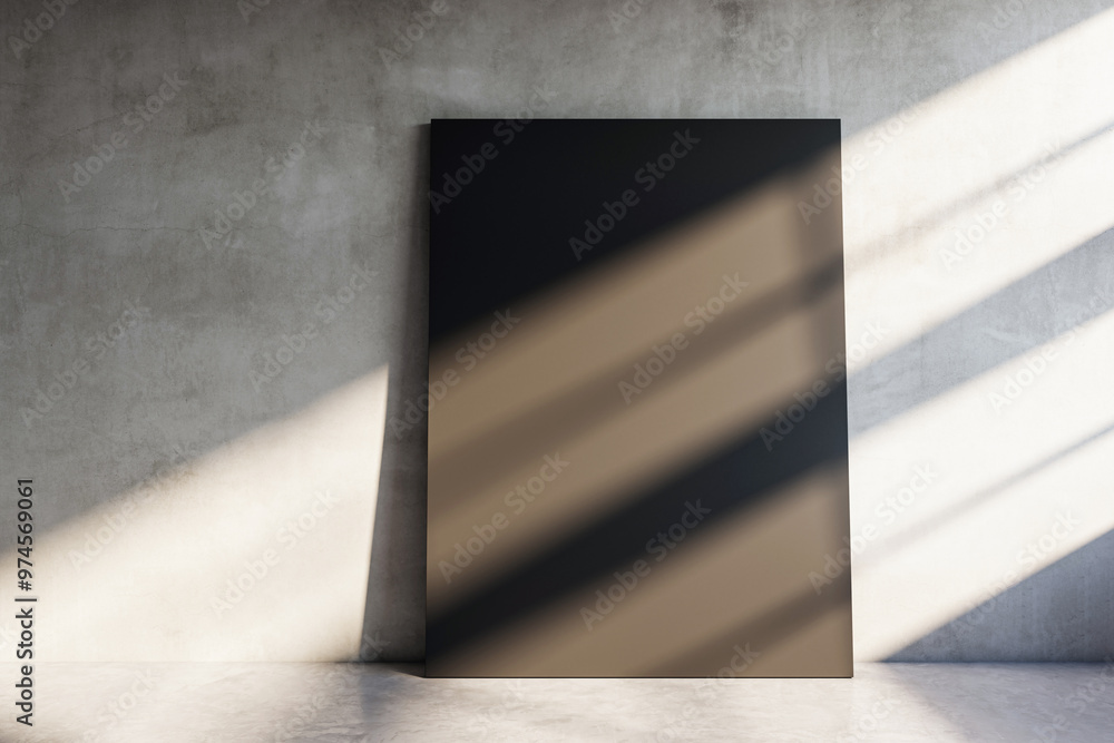 Poster empty concrete room with large vertical black poster frame leaning against wall. 3d rendering