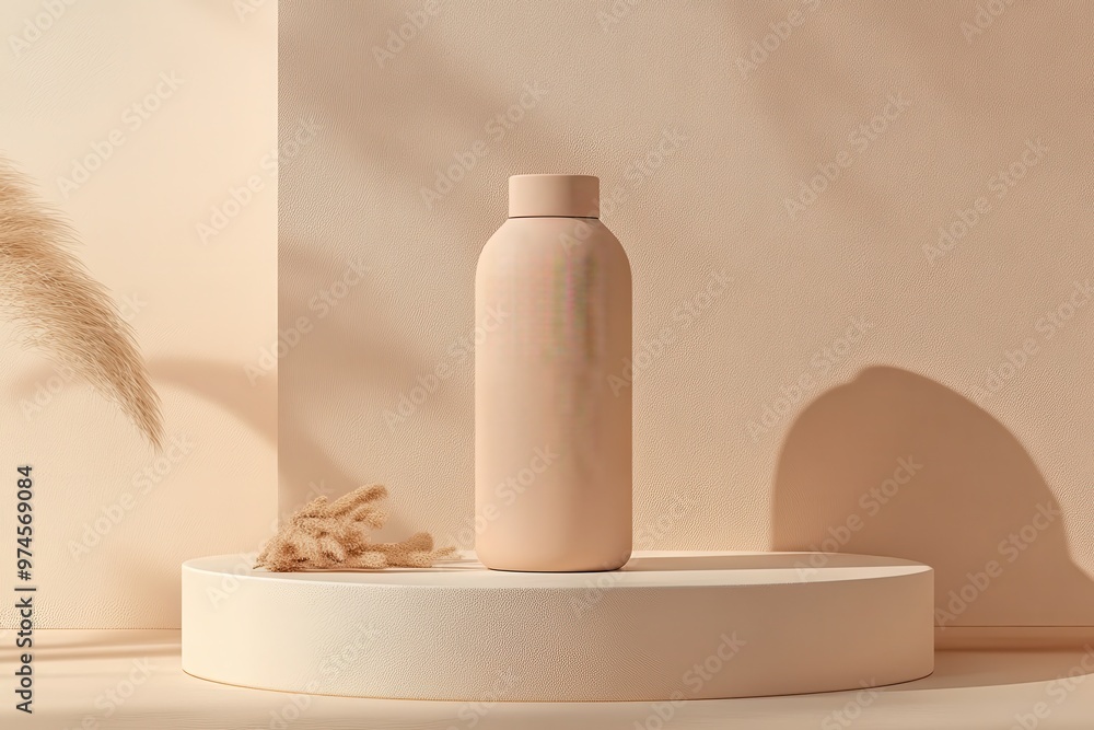 Poster a minimalist scene featuring a soft-toned bottle on a circular pedestal against a textured backgroun