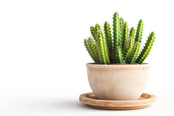 A vibrant cactus plant in beige pot sits on wooden saucer, showcasing its unique green spines and structure.