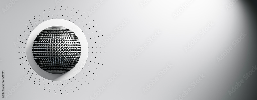 Poster Abstract black sphere on light grey background with dotted pattern. 3D Rendering
