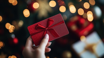 A person holding a red gift card in front of a beautifully decorated Christmas tree at night