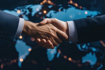Global Business Handshake with World Map Background
