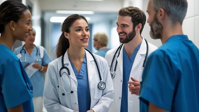 A diverse team of medical professionals discussing patient care in a hospital setting, highlighting teamwork and compassion.