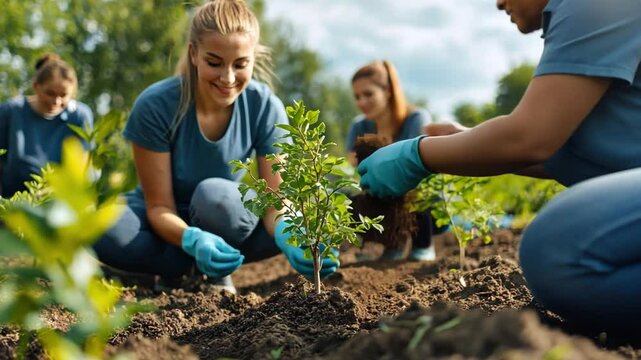 A diverse group of volunteers planted trees in an urban park, symbolizing collective action for a greener future.