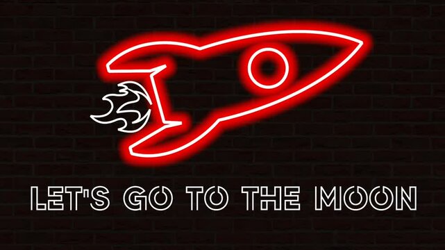 Animation of a rocket logo and neon flames in red and yellow with a blinking effect, text "READY TO THE MOON" in blue with a neon font and blinking effect, set against a brick wall background