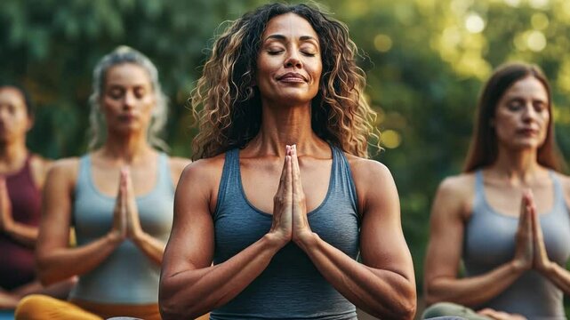 A diverse group of women practicing yoga together in a serene park, each embodying different body types and ages.
