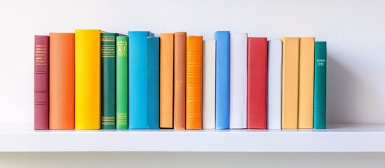 Fototapeta premium A vibrant collection of vintage books neatly arranged on a white shelf in a cozy reading nook