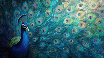 Obraz premium A close-up of a peacocks tail feathers, showcasing the vibrant blues, greens, and purples in a mesmerizing pattern.