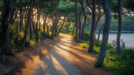 Obraz premium A serene pathway lined with tall pine trees, illuminated by warm glow of setting sun. soft shadows stretch across sandy trail, creating peaceful atmosphere perfect for leisurely stroll.