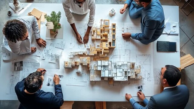 A diverse team of architects discussing sustainable building designs, focusing on eco-friendly materials and energy efficiency.