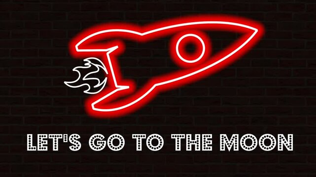 Animation of a red Neon rocket logo and a yellow Neon fire logo with a blinking effect, along with the text "LET'S GO TO THE MOON" in blue with a blinking effect, set against a brick wall background