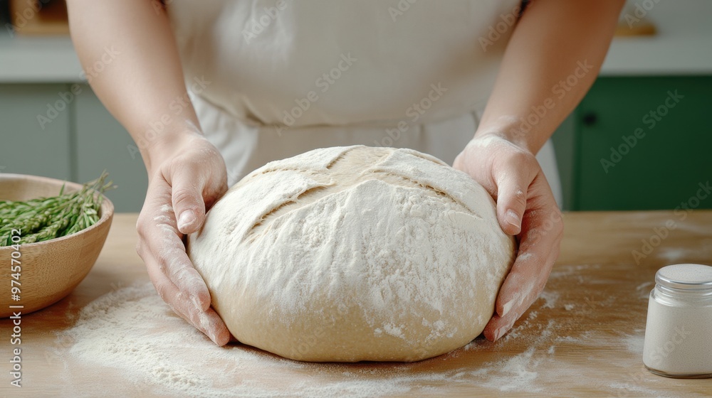 Poster A person kneading a ball of dough on top of wooden table, AI