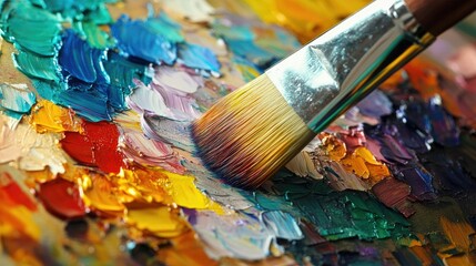 Obraz premium A close-up of an artist's palette covered in vibrant paints of every color, with a brush ready for the next stroke.