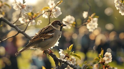 Obraz premium A lovely sparrow perched on a blooming branch amid vibrant flowers. Nature flourishes with beauty and life, bringing joy to all who see.