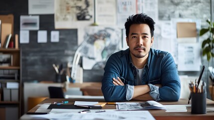 Confident Man Sitting at a Desk in a Creative Office Setting