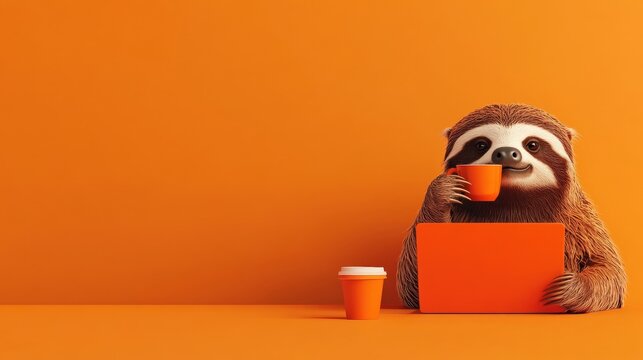 Business concept in minimal of Sloth sipping coffee slowly at desk, work smart, not hard theme, relaxed office setting, Copy space for stock photo, no text, no logo, flat design illustration
