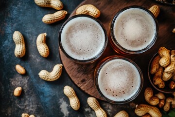 Fototapeta premium Top view of beer mugs with frothy tops and scattered peanuts on a bar counter