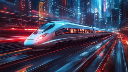 Fototapeta premium Futuristic High-Speed Train Racing Through City with Neon Lights, Copy Space in Sky