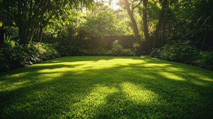 Obraz premium A dense, perfectly maintained green lawn in a backyard setting, with soft sunlight illuminating each blade of grass.