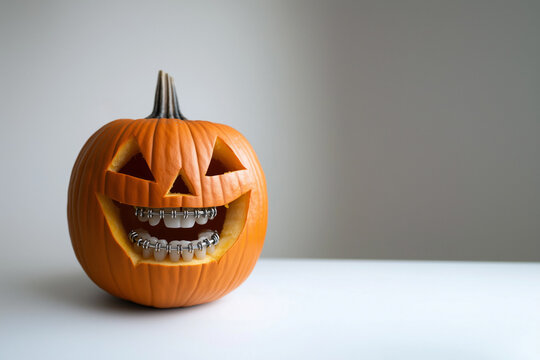 A carved Halloween pumpkin with braces, smiling cheerfully and showing off its nice teeth against a neutral background, promoting dental health care