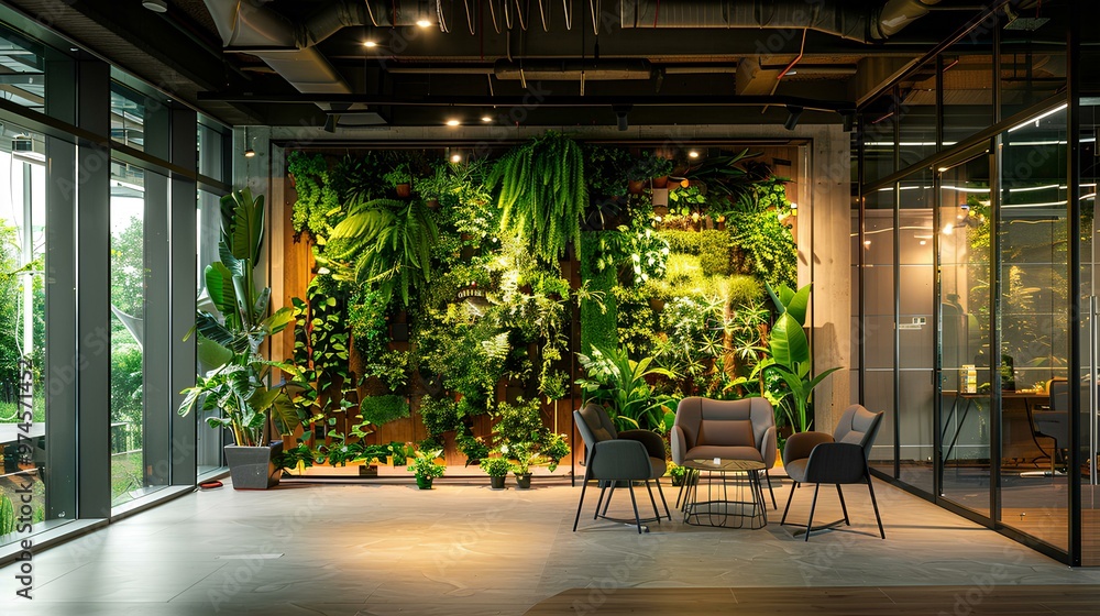 Wall mural green office with plants design a modern office