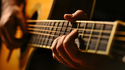 Obraz premium Musician’s Hand Playing a Guitar: A musician's hand strumming a guitar, with focus on the strings and hand movements. 
