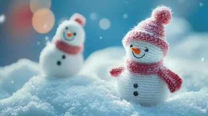 little knitted snowmans on soft snow on blue background