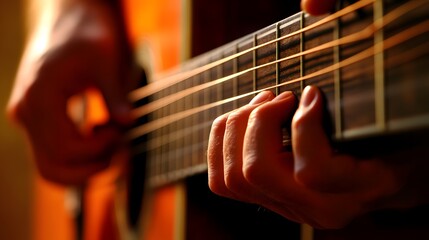 Fototapeta premium Musician’s Hand Playing a Guitar: A musician's hand strumming a guitar, with focus on the strings and hand movements. 