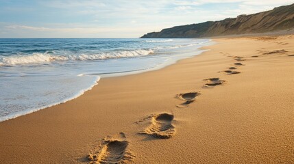 Footprints on the Shore, a serene scene of a sandy beach where two footprints meander towards the gentle waves, embodying a journey and connection to nature.