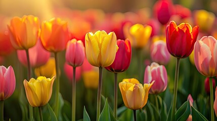 Obraz premium A field of bright tulips in red, yellow, and pink, with the sun casting a warm glow over the vibrant blooms.