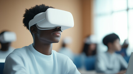 Immersed in virtual reality experience, young person wears VR headset in classroom setting, showcasing integration of technology in education.