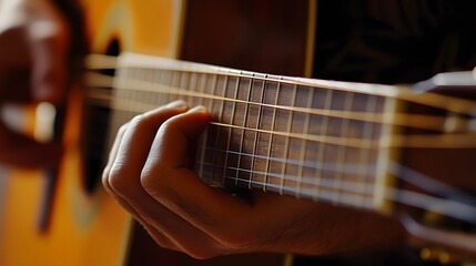 Fototapeta premium Musician’s Hand Playing a Guitar: A musician's hand strumming a guitar, with focus on the strings and hand movements. 