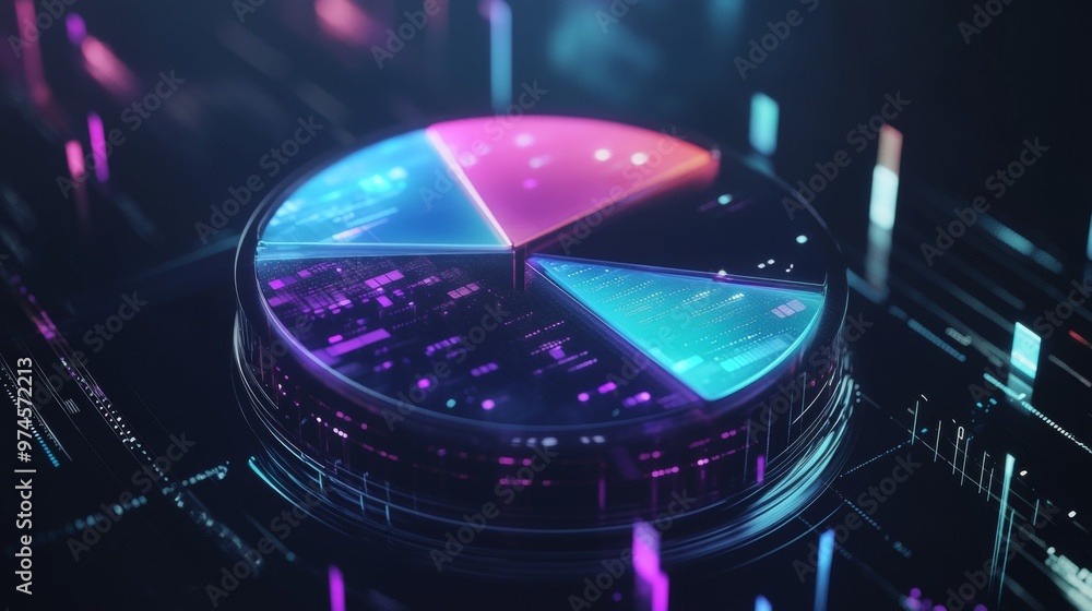 Poster a digital 3d pie chart with transparent segments floating in space, highlighting the distribution of