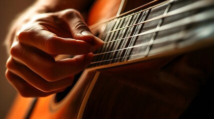 Fototapeta premium Musician’s Hand Playing a Guitar: A musician's hand strumming a guitar, with focus on the strings and hand movements. 