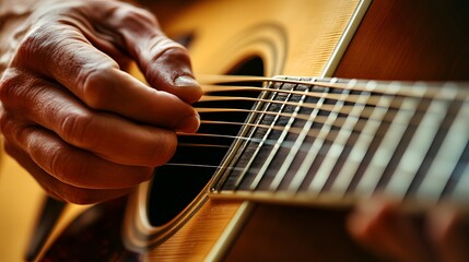 Fototapeta premium Musician’s Hand Playing a Guitar: A musician's hand strumming a guitar, with focus on the strings and hand movements. 