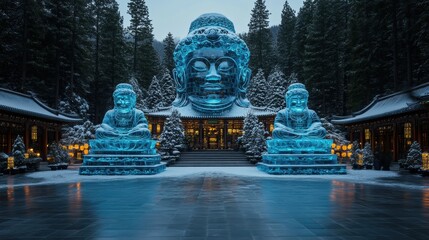 Large, glowing ice Buddha sculptures in a peaceful snowy temple courtyard, surrounded by trees and traditional architecture, create a serene winter scene.