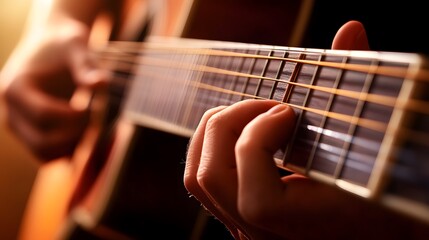 Obraz premium Musician’s Hand Playing a Guitar: A musician's hand strumming a guitar, with focus on the strings and hand movements. 