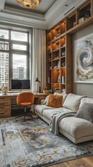 Decorated modern living room with a bookcase a painting and an office next to the sofa..