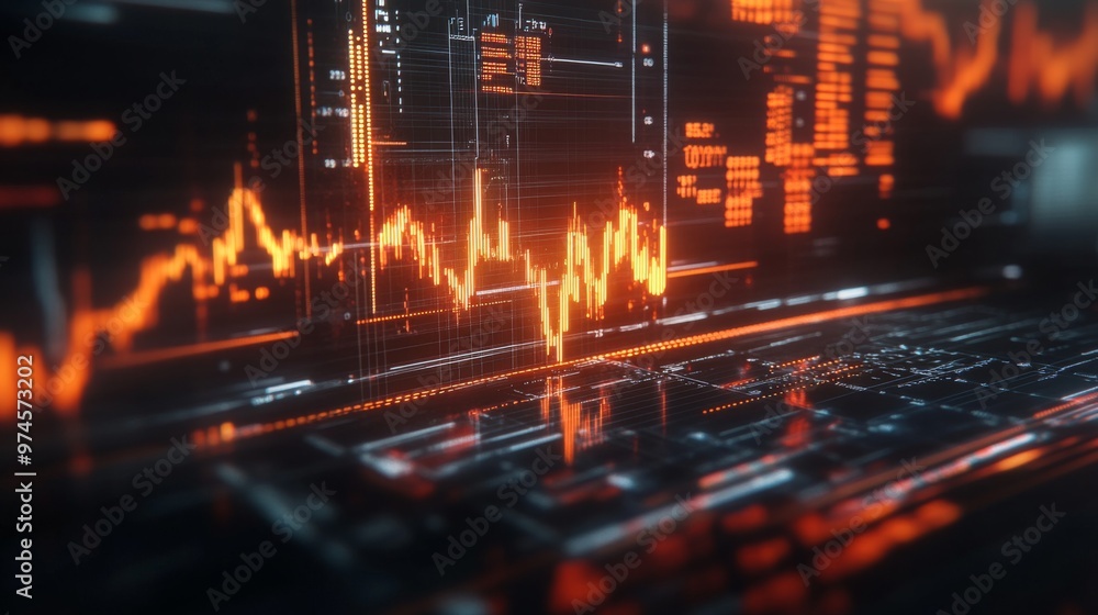 Poster a digital financial graph on a computer screen, with rising bars and lines indicating market growth.