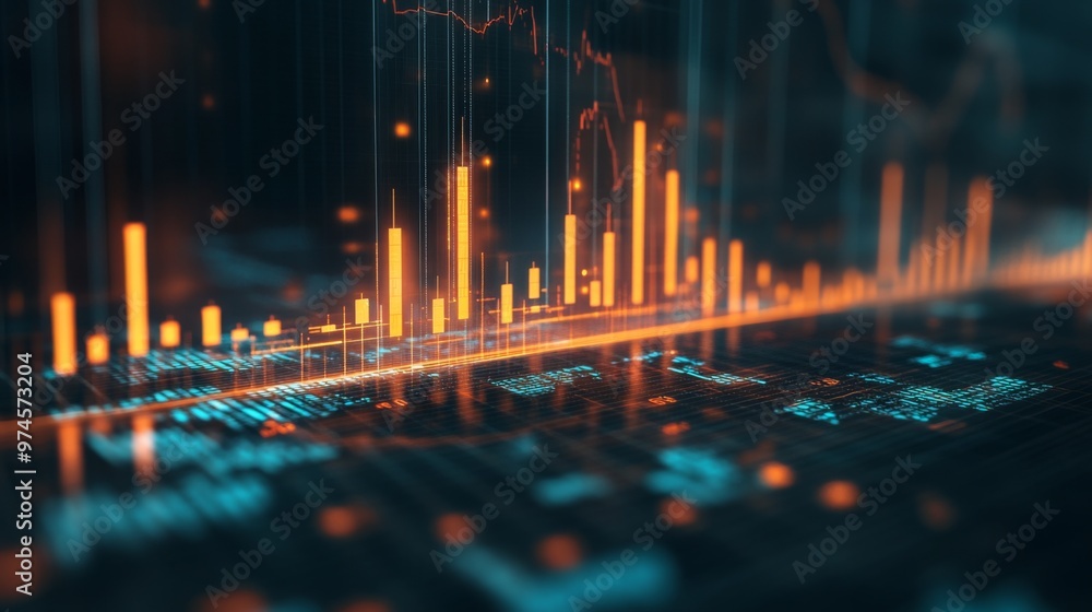 Poster a digital financial graph on a computer screen, with rising bars and lines indicating market growth.