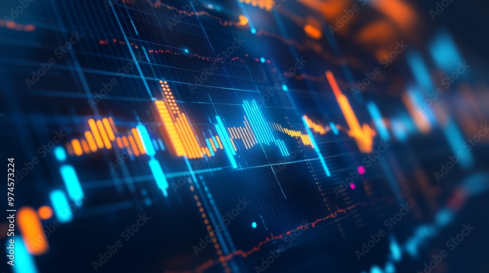 Poster a digital financial graph on a computer screen, with rising bars and lines indicating market growth.