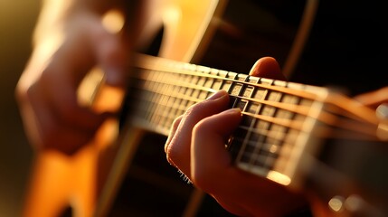 Fototapeta premium Musician’s Hand Playing a Guitar: A musician's hand strumming a guitar, with focus on the strings and hand movements. 