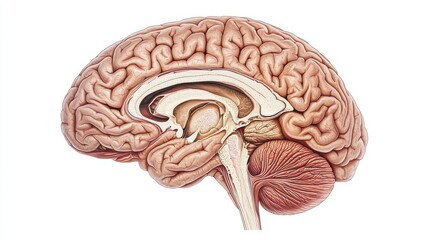 A digital illustration of the human brain, showcasing its intricate structures and major regions, set against a simple white background for a clear, educational view.