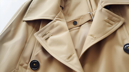 Belted Waist Trench ,Hanger with beige trench coat on white wall, space for text