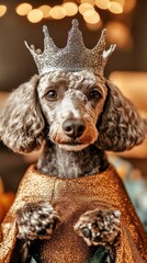 Obraz premium A royal dog wearing a crown and shimmering outfit, radiating charm and elegance in a cozy setting.