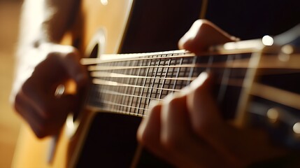 Fototapeta premium Musician’s Hand Playing a Guitar: A musician's hand strumming a guitar, with focus on the strings and hand movements. 