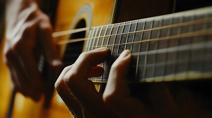 Fototapeta premium Musician’s Hand Playing a Guitar: A musician's hand strumming a guitar, with focus on the strings and hand movements. 